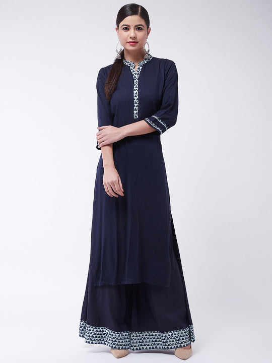 Navy Blue Kantha Collar Kurta With Palazzo Set