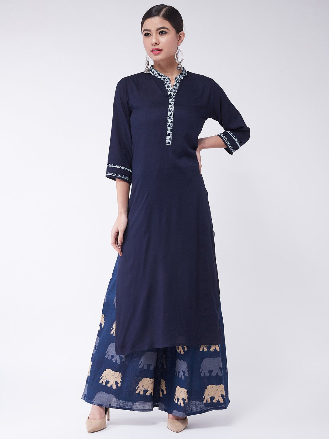 Navy Blue Kantha Work Kurta With Palazzo