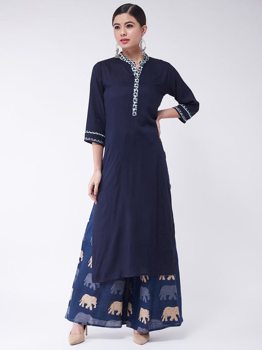 Navy Blue Kantha Work Kurta With Palazzo