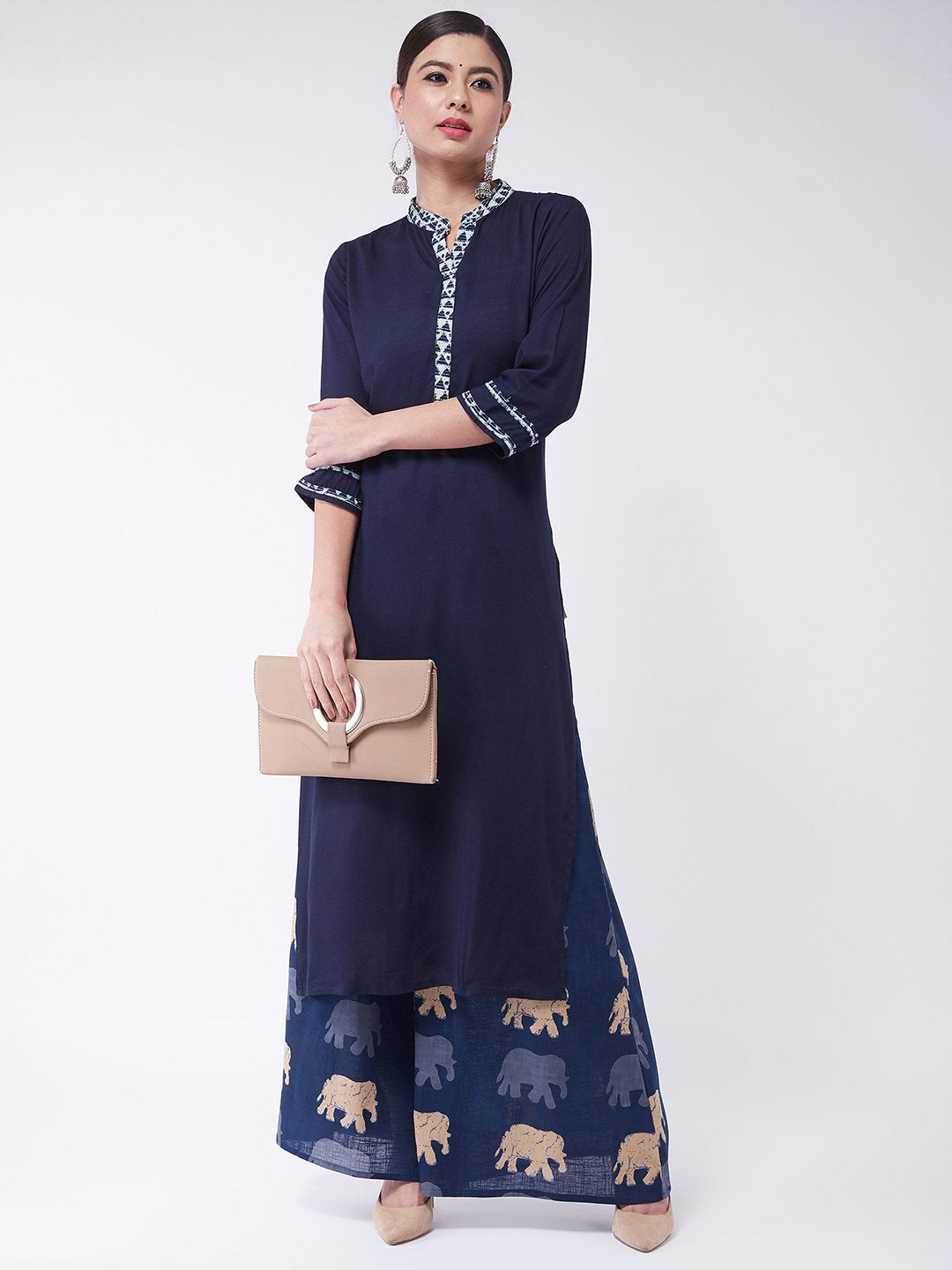 Navy Blue Kantha Work Kurta With Palazzo
