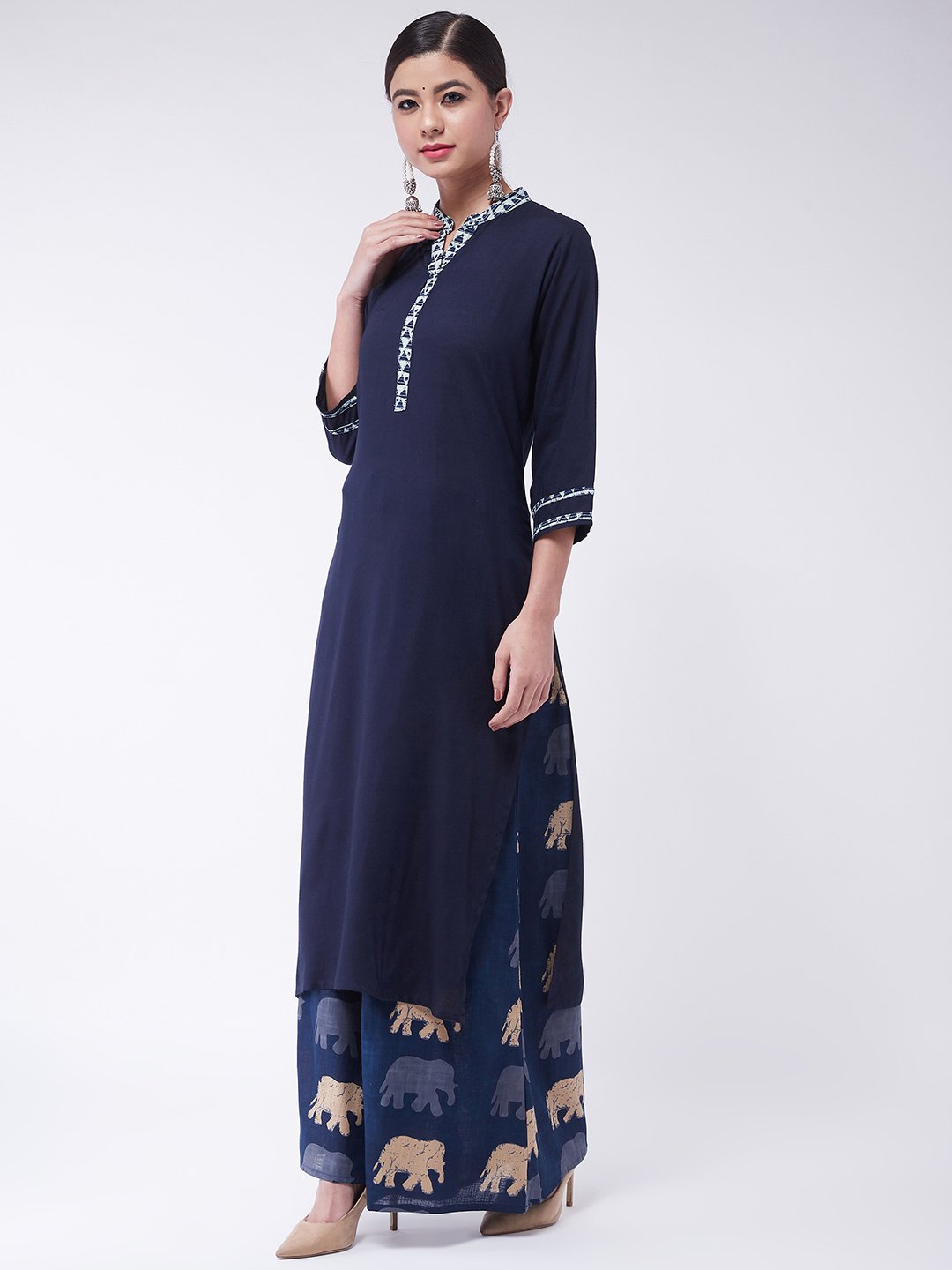 Navy Blue Kantha Work Kurta With Palazzo