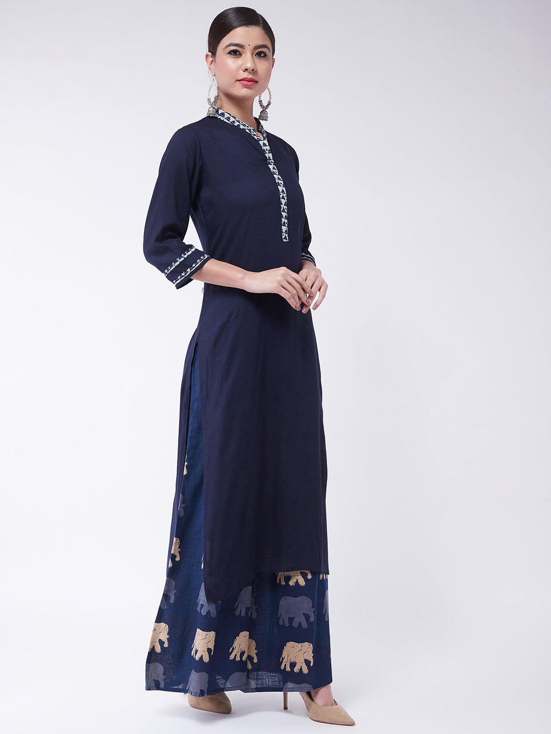 Navy Blue Kantha Work Kurta With Palazzo