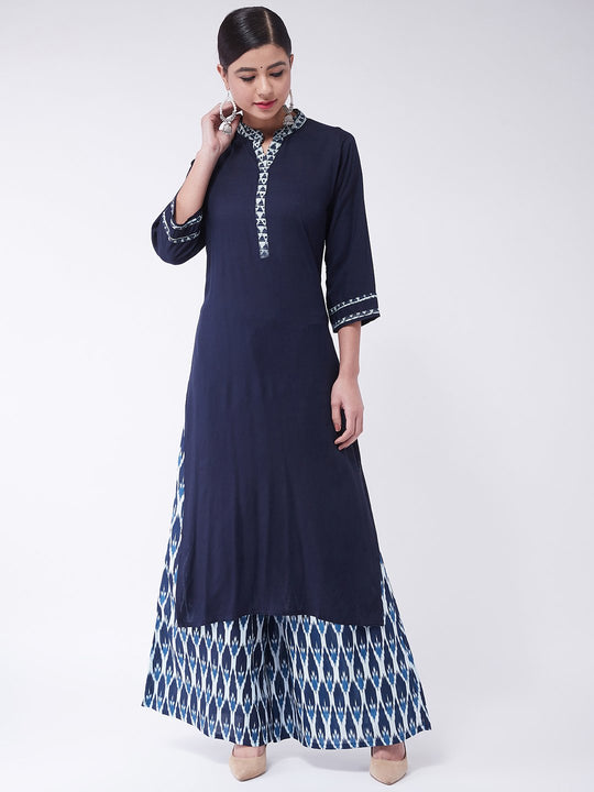 Navy Blue Kantha Work Kurta With Palazzo