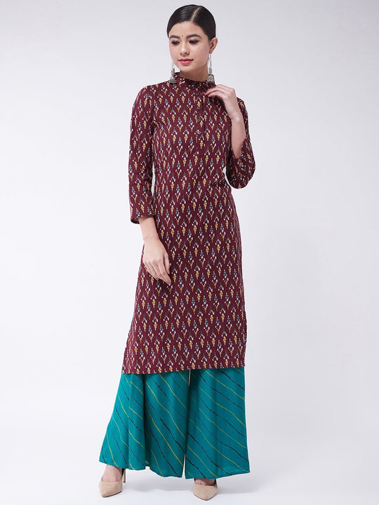 Brown Kantha Ikkat Kurta With Palazzo