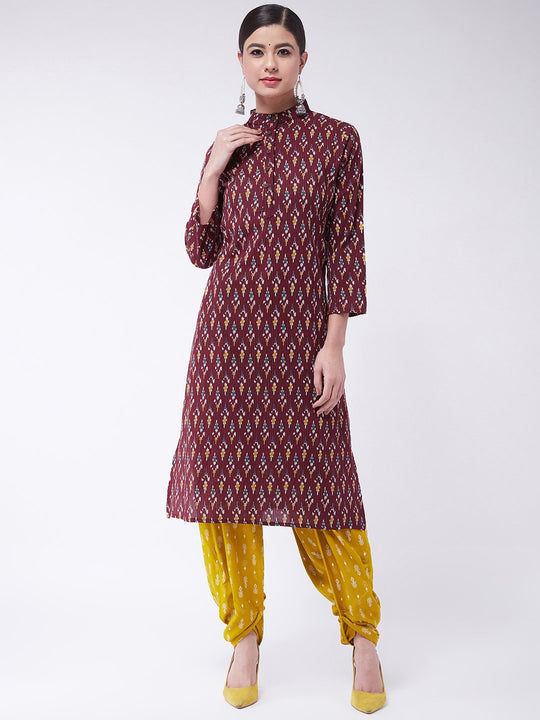 Brown Kantha Ikkat Kurta With Dhoti Pants