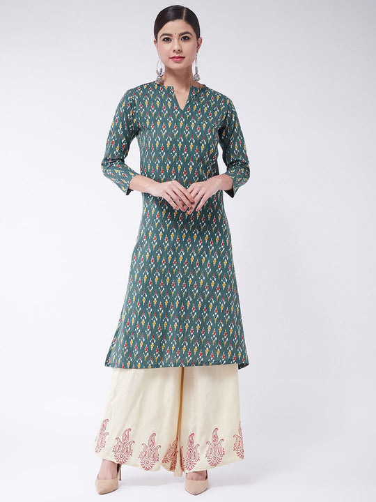 Green Kantha Ikkat Kurta With Palazzo