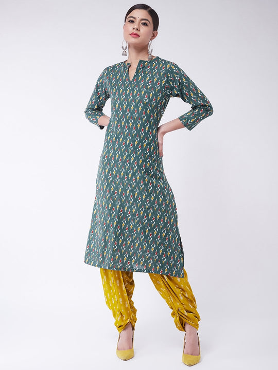Green Kantha Ikkat Kurta With Dhoti Pants