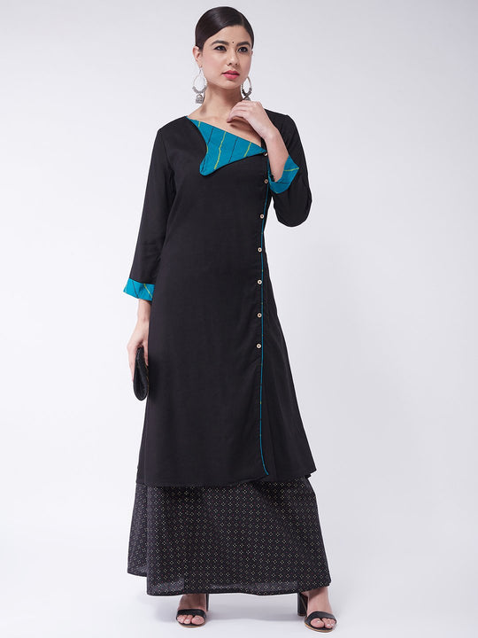 Black Collared Kurta Set With Skirt