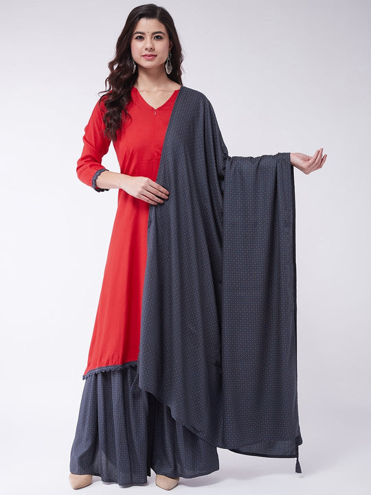 Red Lace Work Kurta Set With Dupatta
