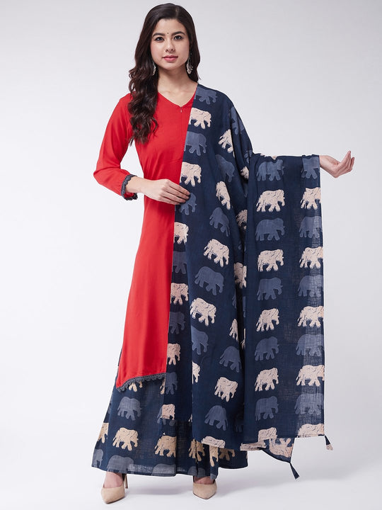 Red Lace Work Kurta Set With Dupatta