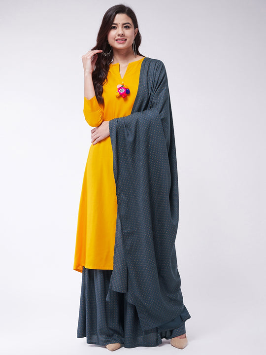 Mustard Kurta Dark Grey Printed Sharara Set