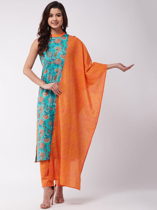 Turquoise Orange Halter Kurta Pant Set