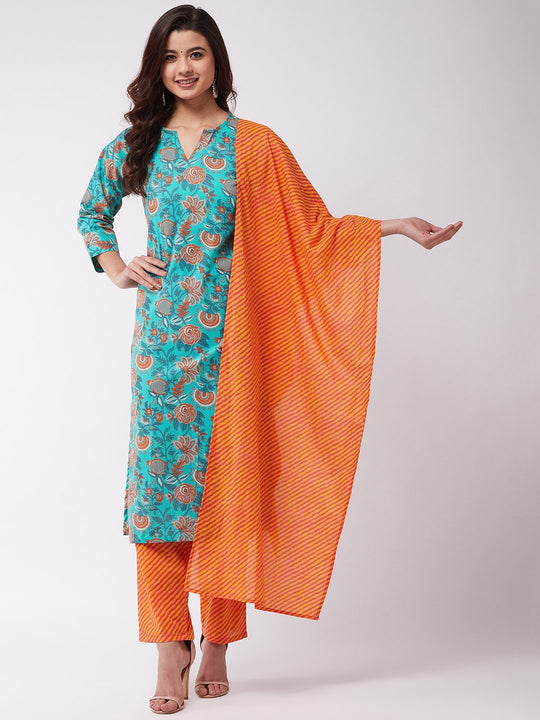 Turquoise Orange Kurta Pant Set