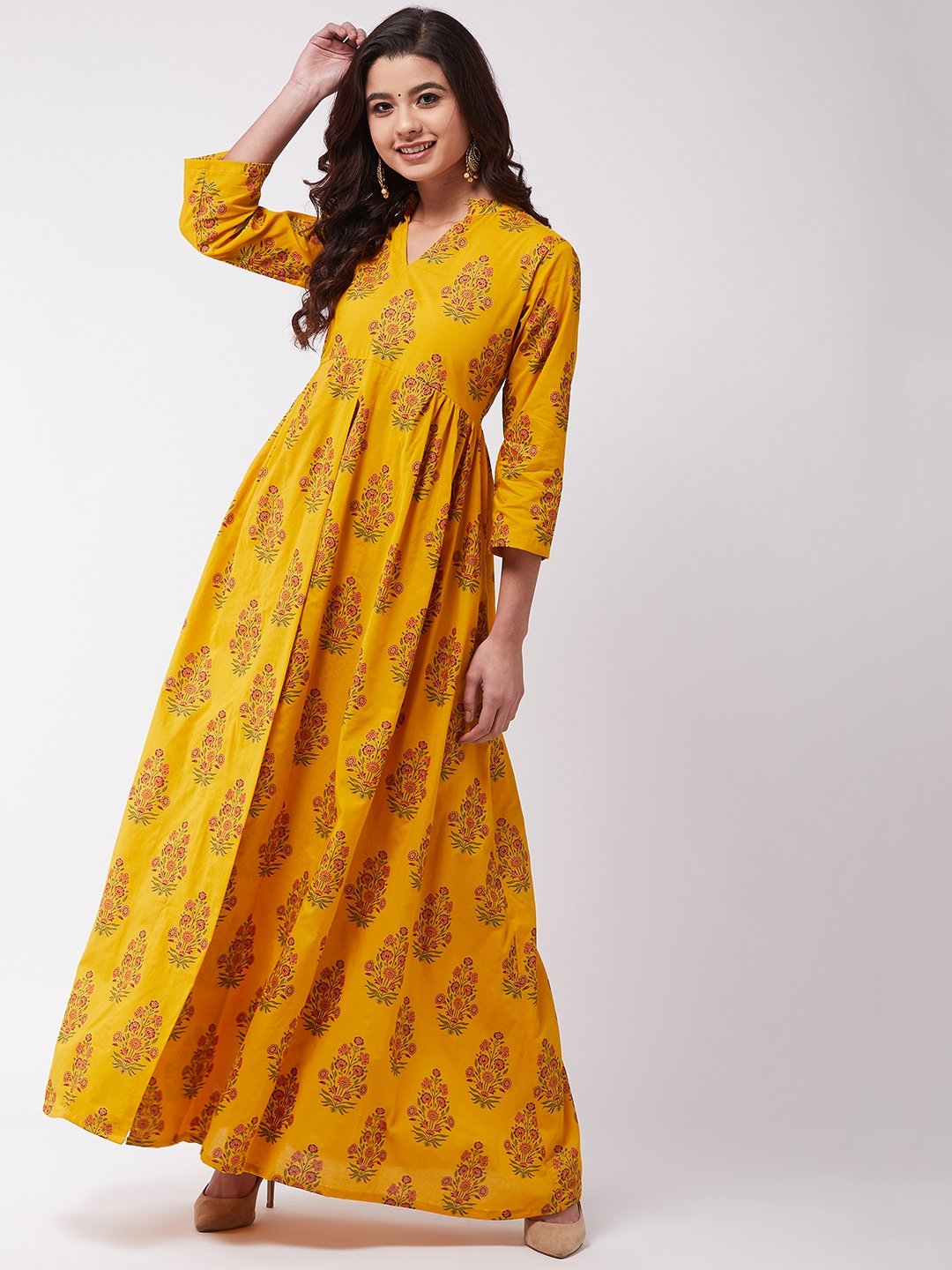 Mustard Mughal Print Slit Kurta Pant Set