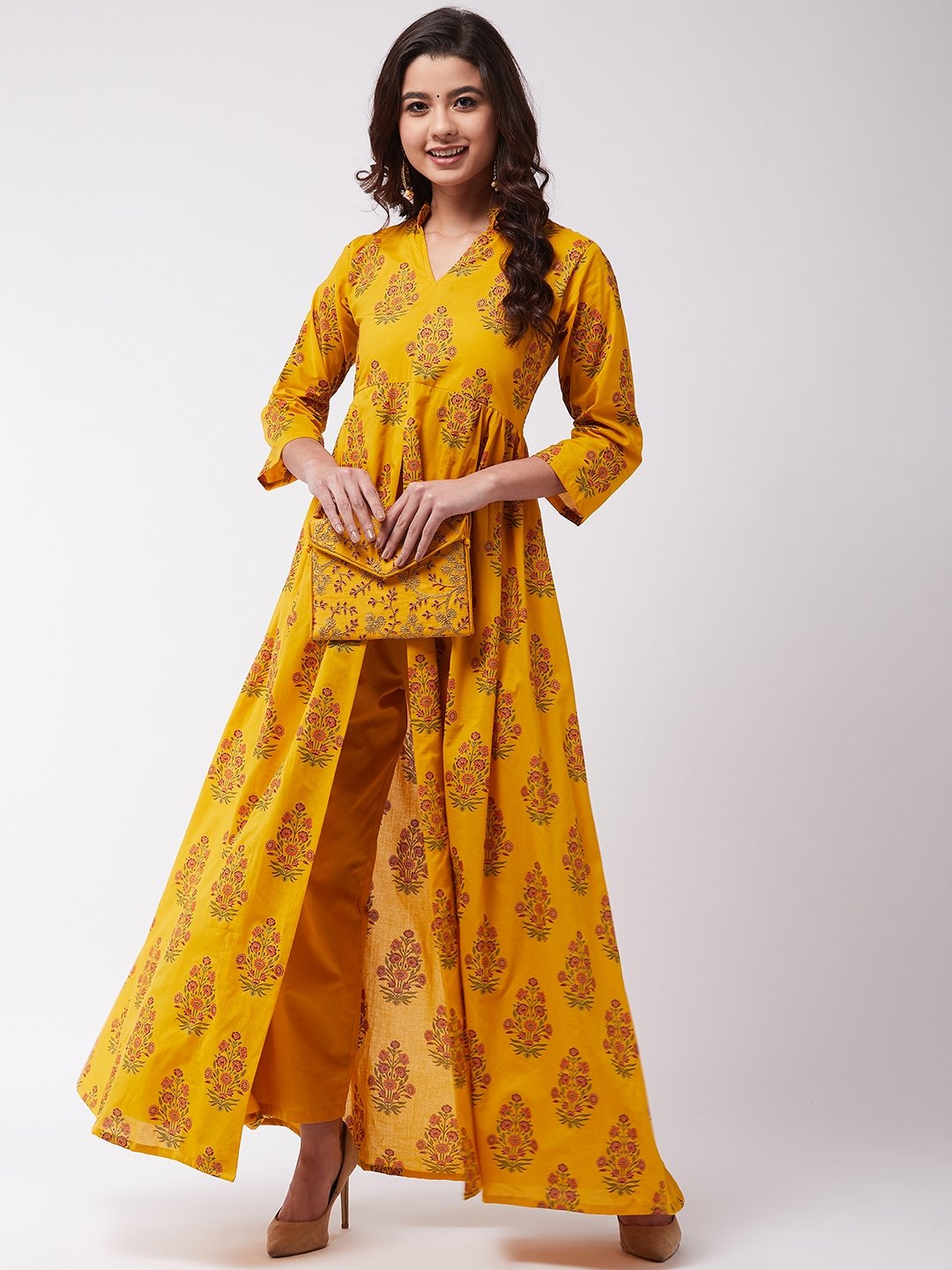 Mustard Mughal Print Slit Kurta Pant Set