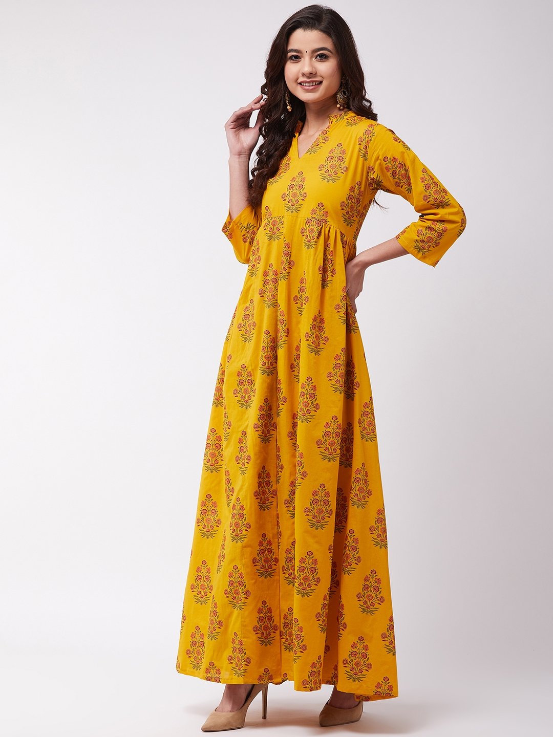 Mustard Mughal Print Slit Kurta Pant Set
