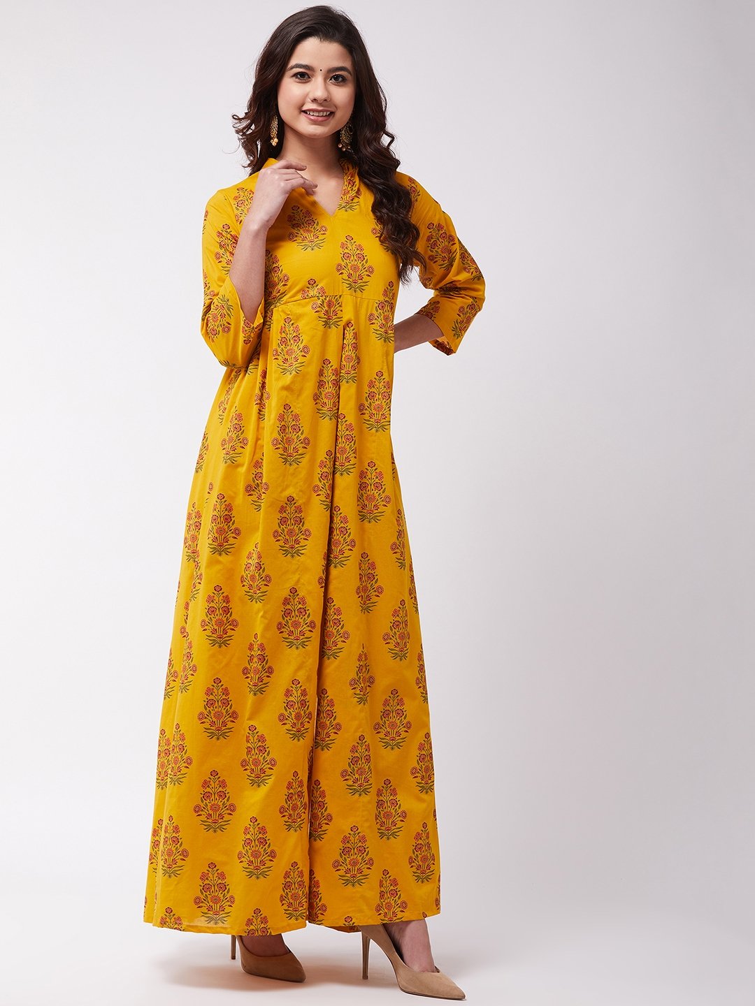 Mustard Mughal Print Slit Kurta Pant Set