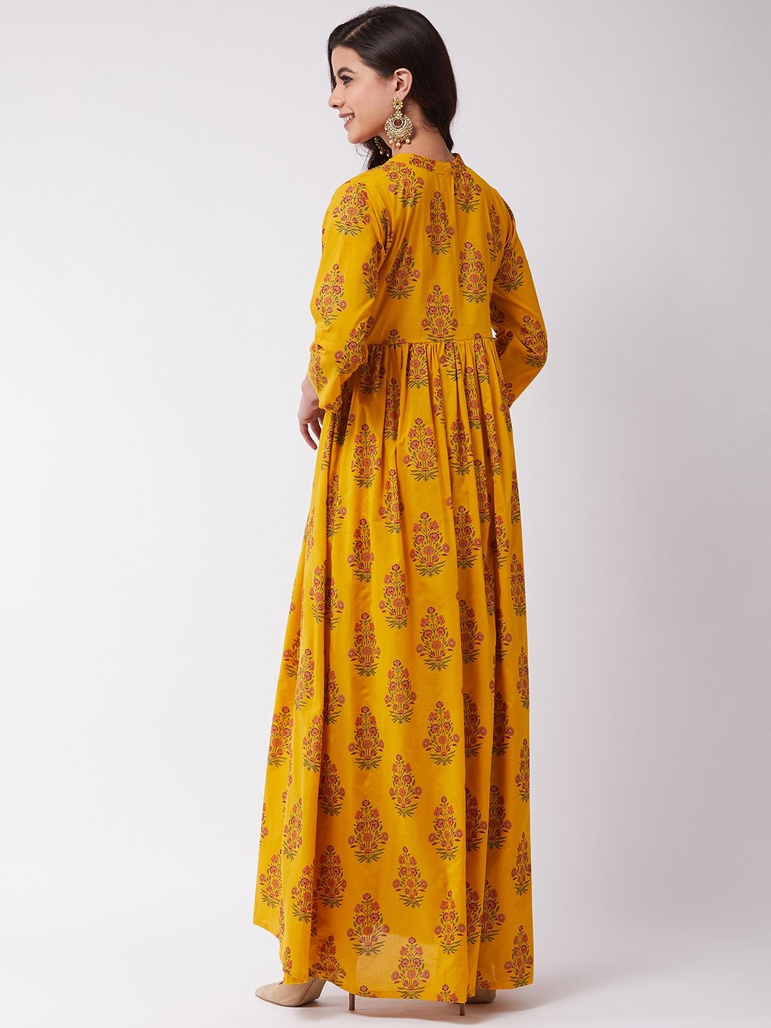Mustard Mughal Print Slit Kurta Pant Set