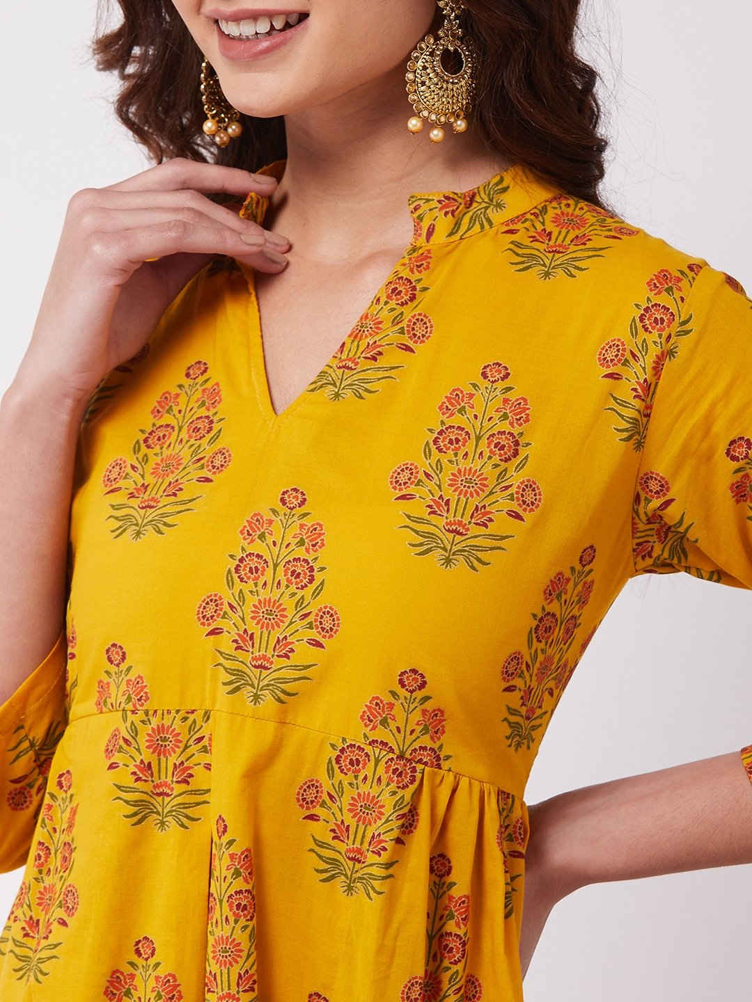 Mustard Mughal Print Slit Kurta Pant Set