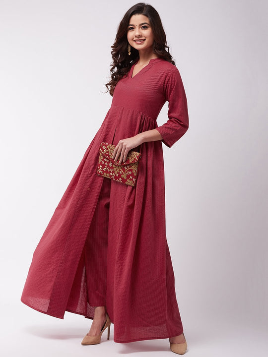 Maroon Kantha Long Kurta Pant Set