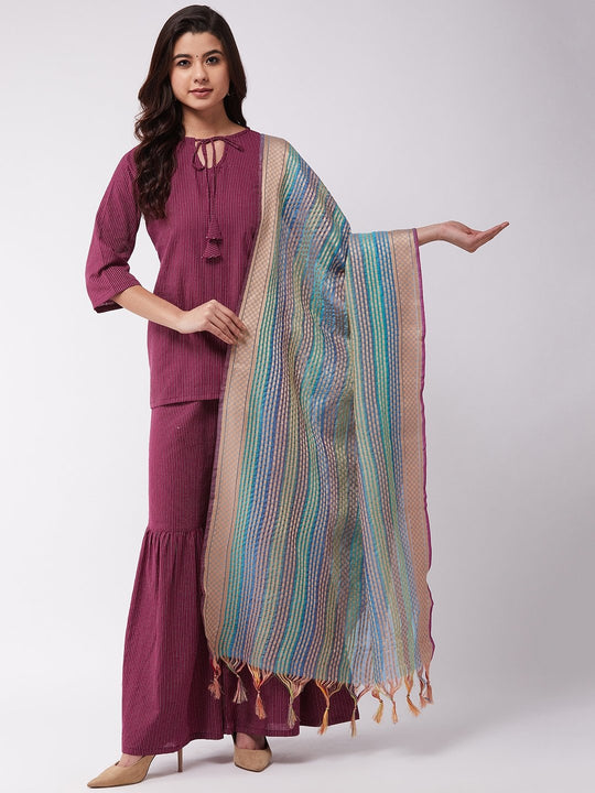 Wine Kantha Short Kurta Sharara Set