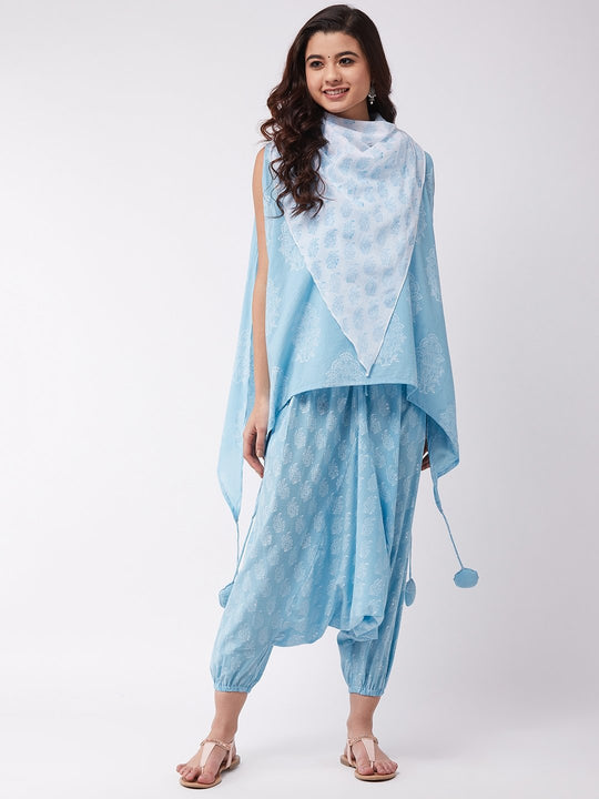Sky Blue Block Print Tassel Top Harem Set
