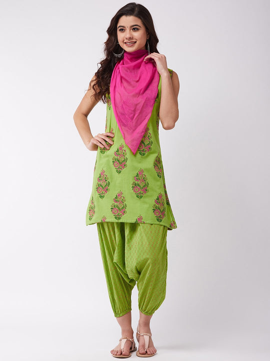 Bright Green Block Print Kurta Harem Set