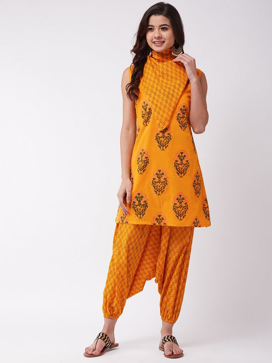 Bright Mustard Block Printed Kurta Harem Set