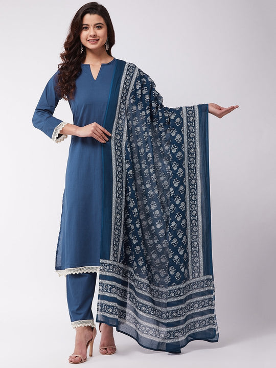 Indigo Kurta Pant Set With White Lace