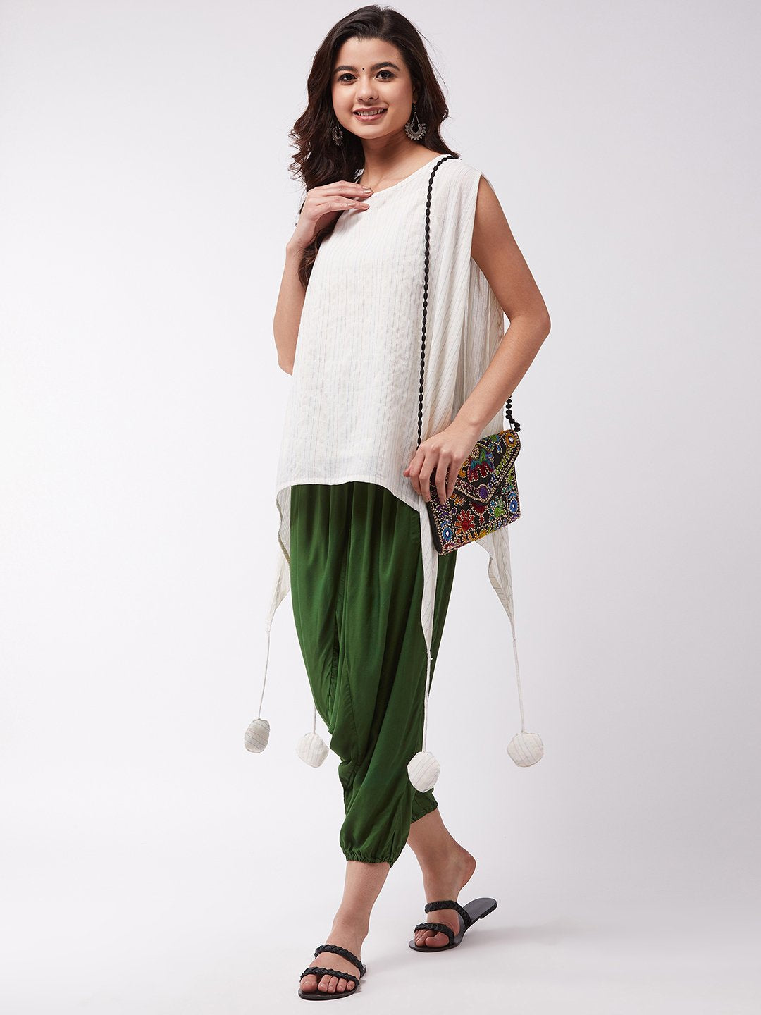 White Kantha Green Harem Set