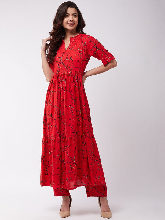 Red and Gold Long Kurta Pant Set