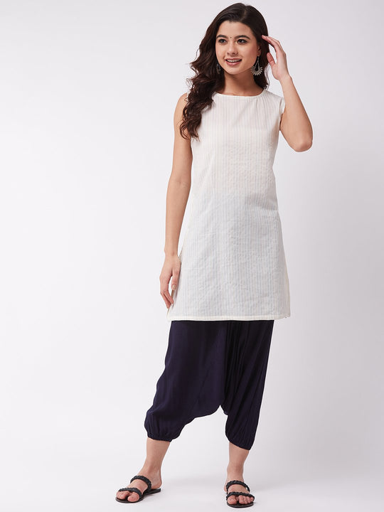 White Kantha Short Kurta N Blue Harem Set
