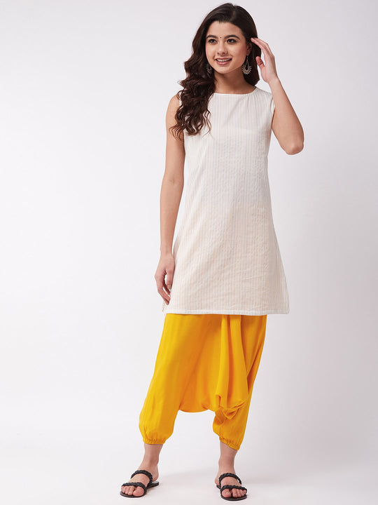 White Kantha Mustard Harem Set