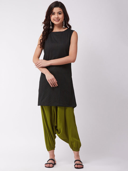 Black Kantha Olive Green Harem Set