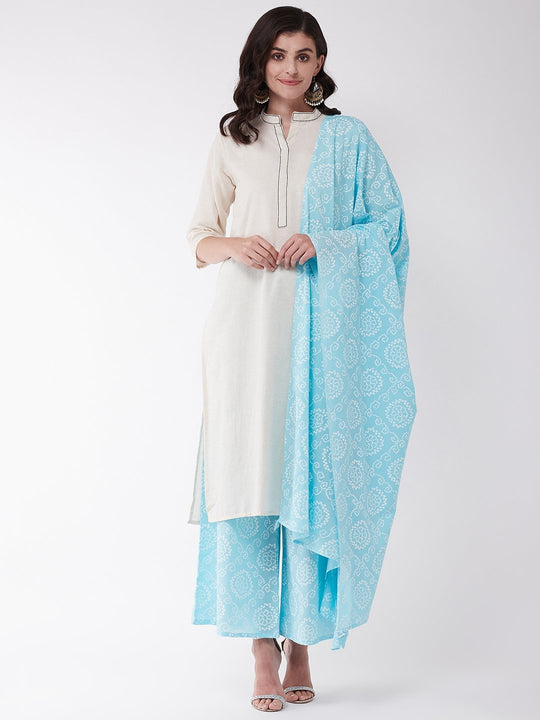 Off White And Light Blue Bandhej Kurta Set