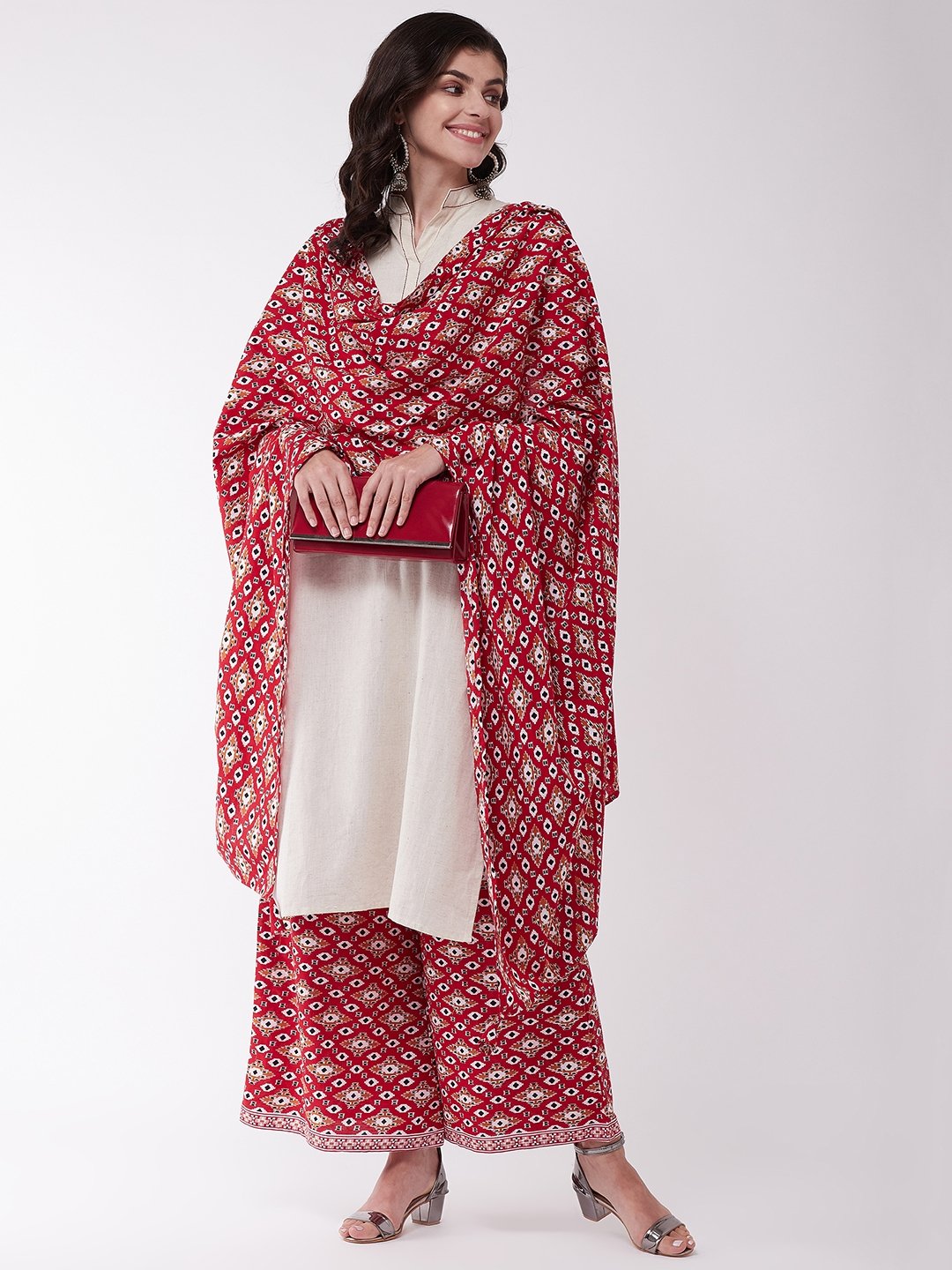 Off White And Red Patola Kurta Set