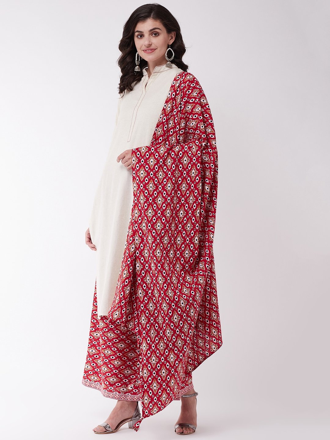 Off White And Red Patola Kurta Set