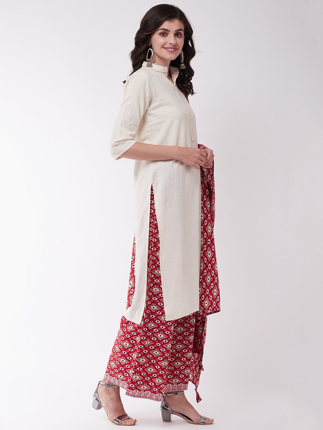Off White And Red Patola Kurta Set