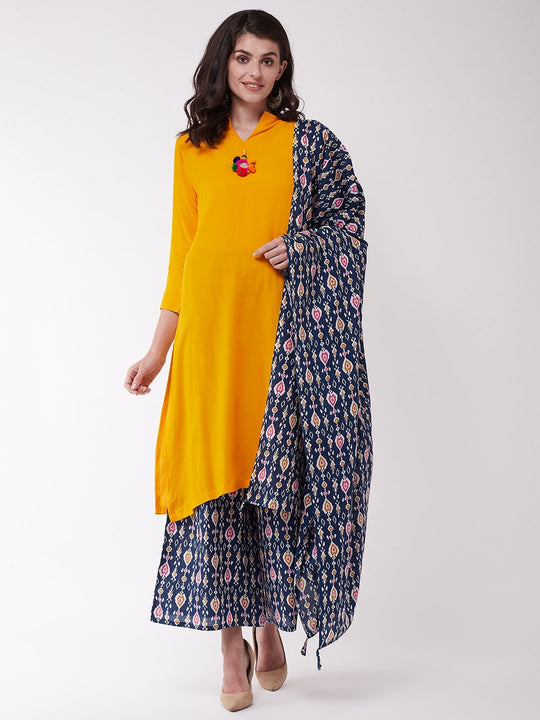 Mustard And Navy Blue Patola Kurta Set