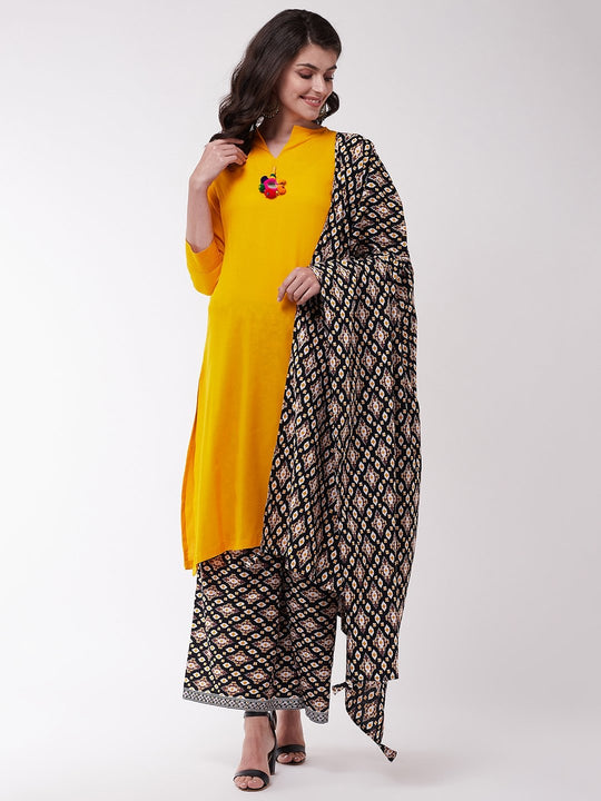 Mustard And Black Patola Kurta Set