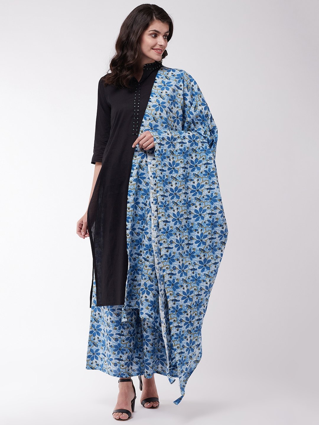 Black And Indigo Kantha Kurta Set