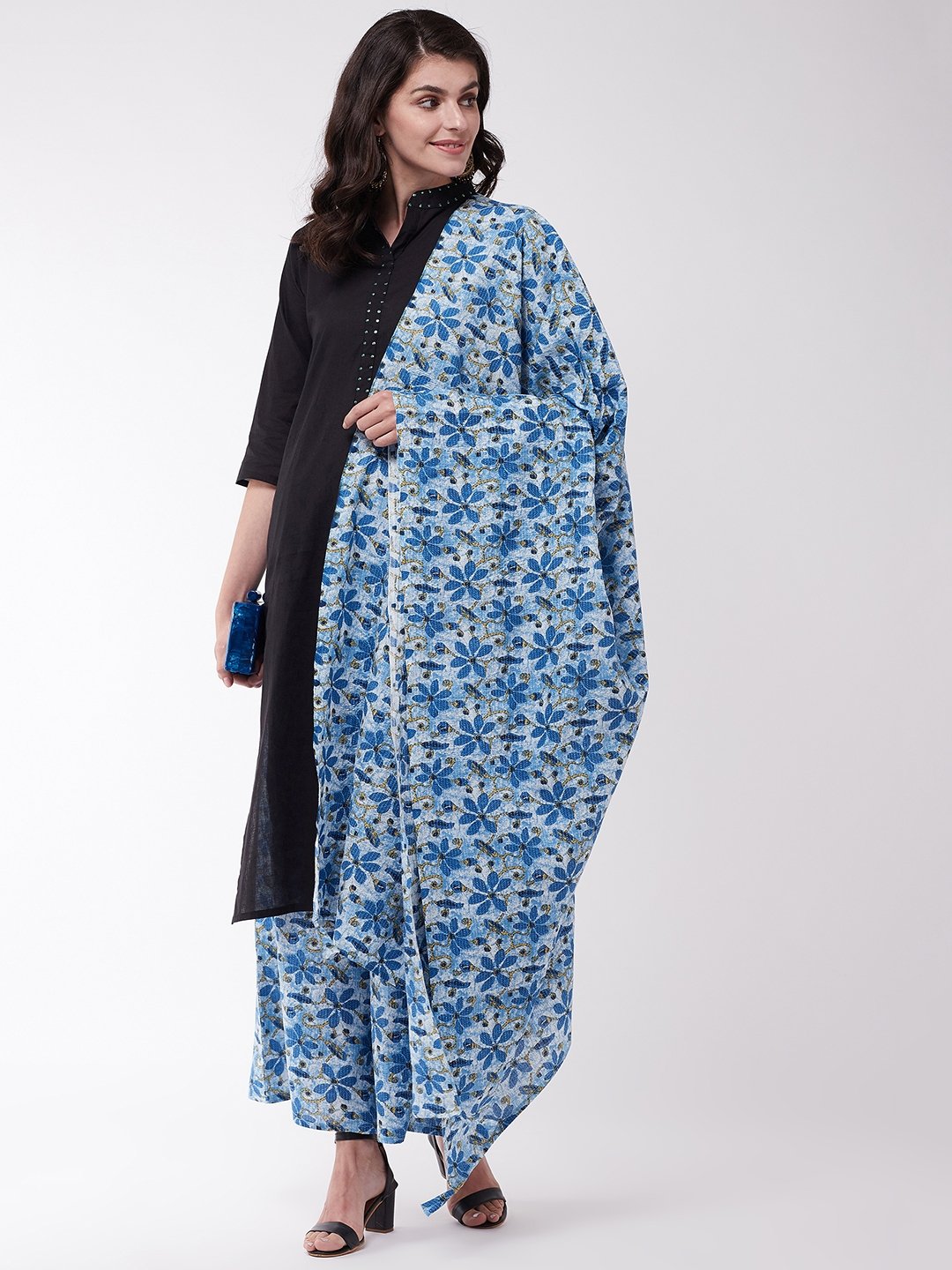 Black And Indigo Kantha Kurta Set