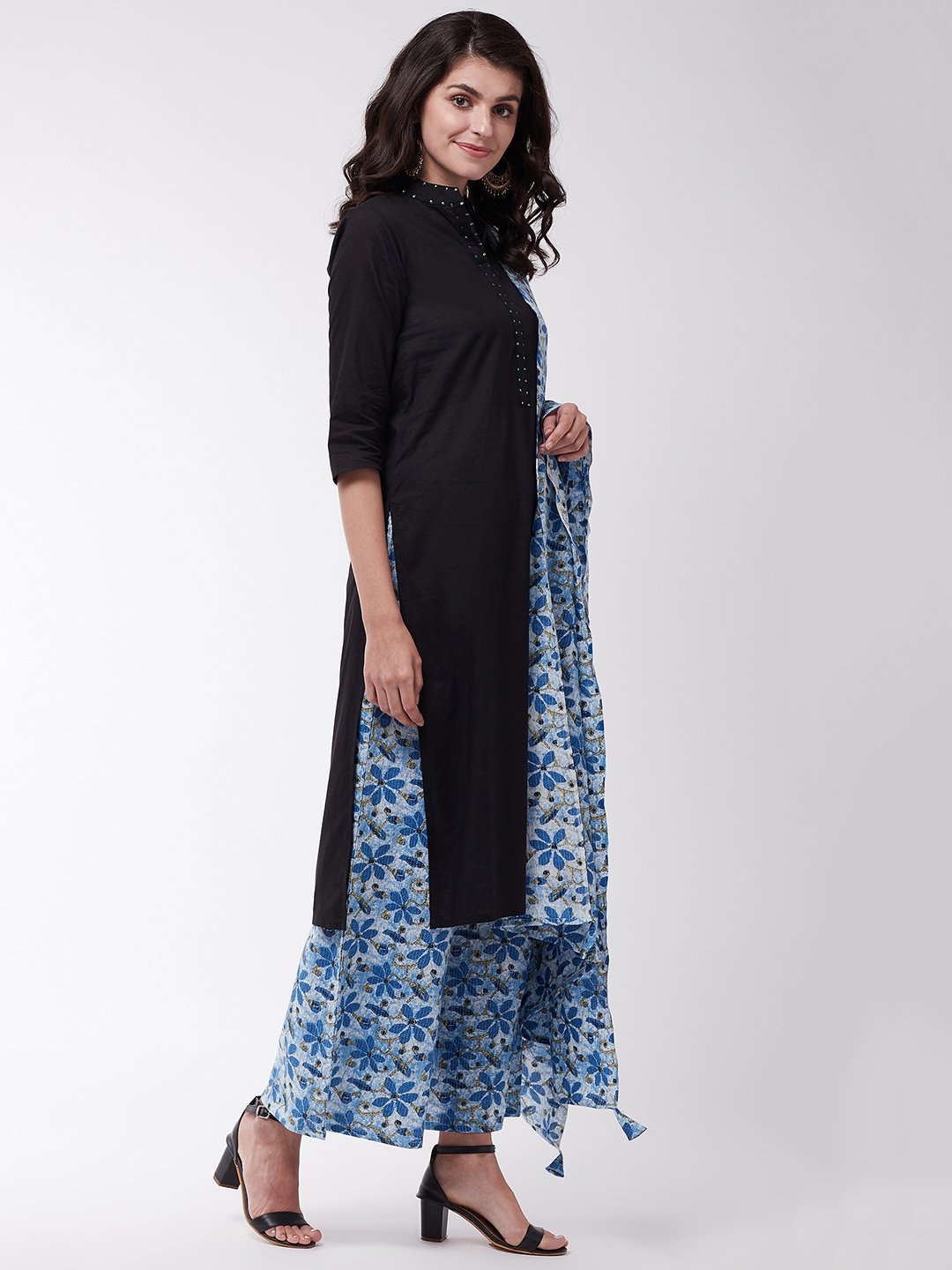 Black And Indigo Kantha Kurta Set