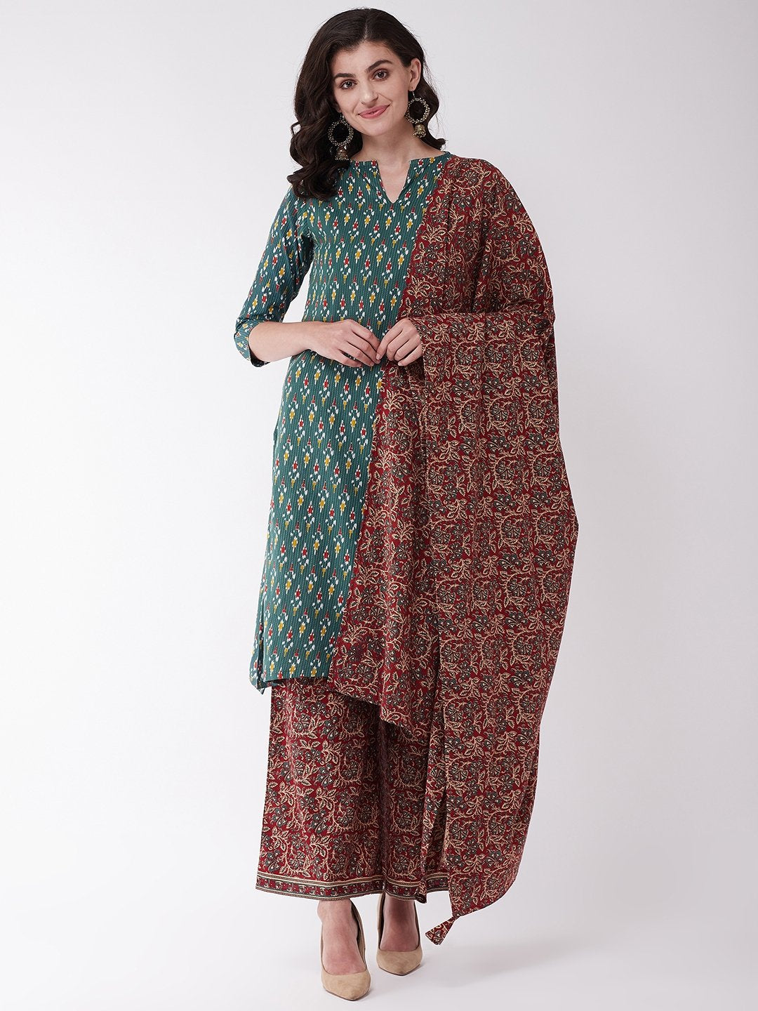 Green Kantha Ikkat And Maroon Kurta Set