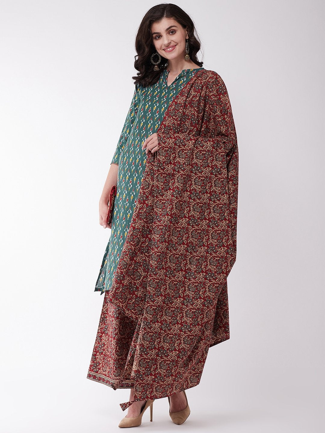 Green Kantha Ikkat And Maroon Kurta Set