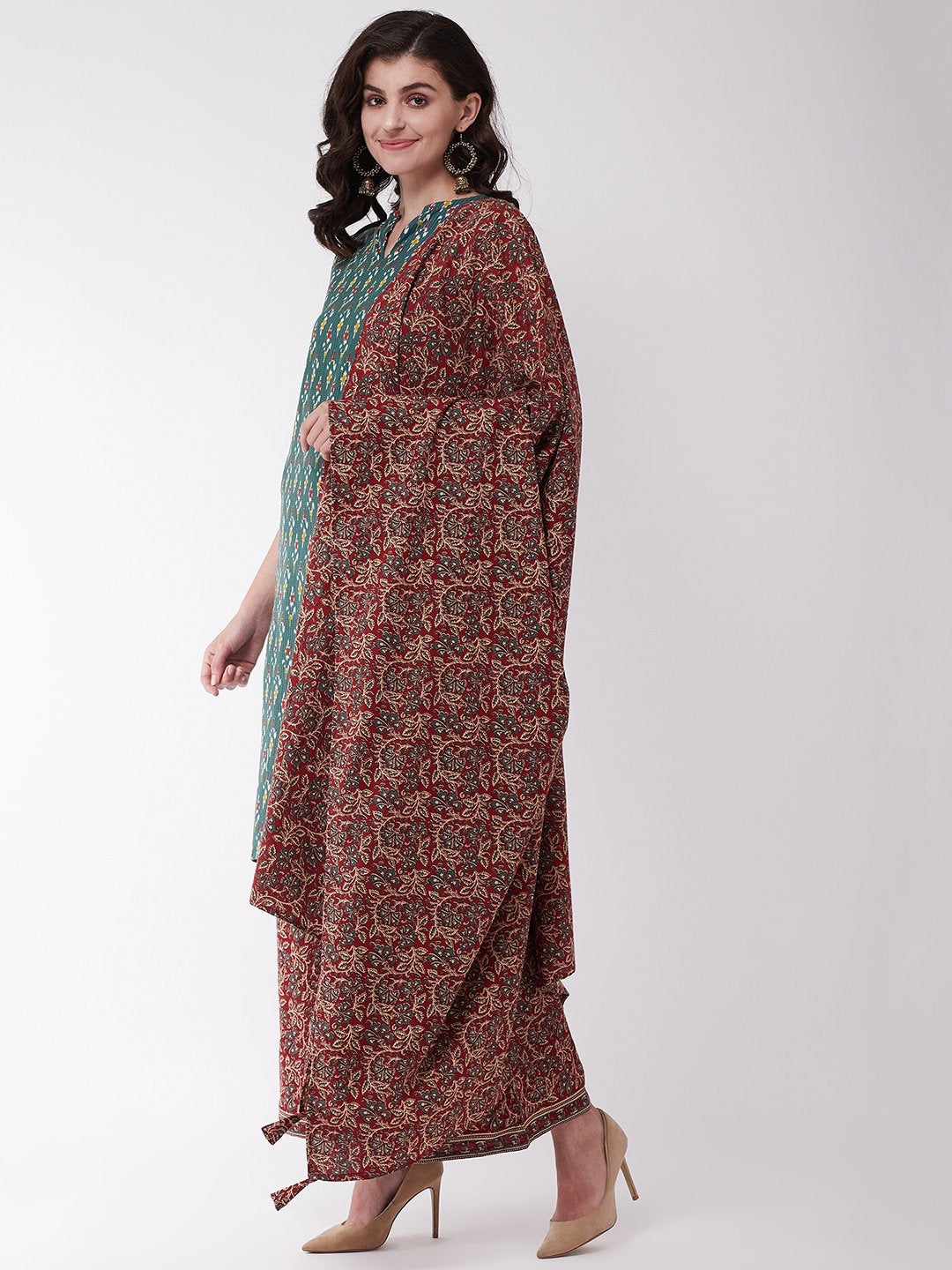 Green Kantha Ikkat And Maroon Kurta Set