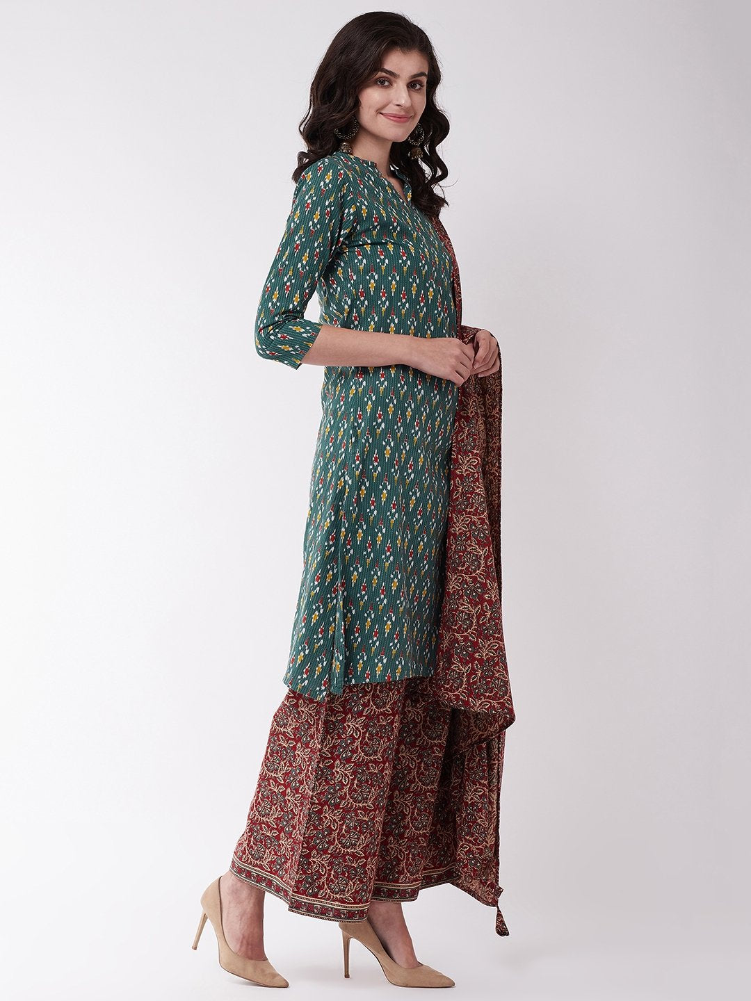Green Kantha Ikkat And Maroon Kurta Set