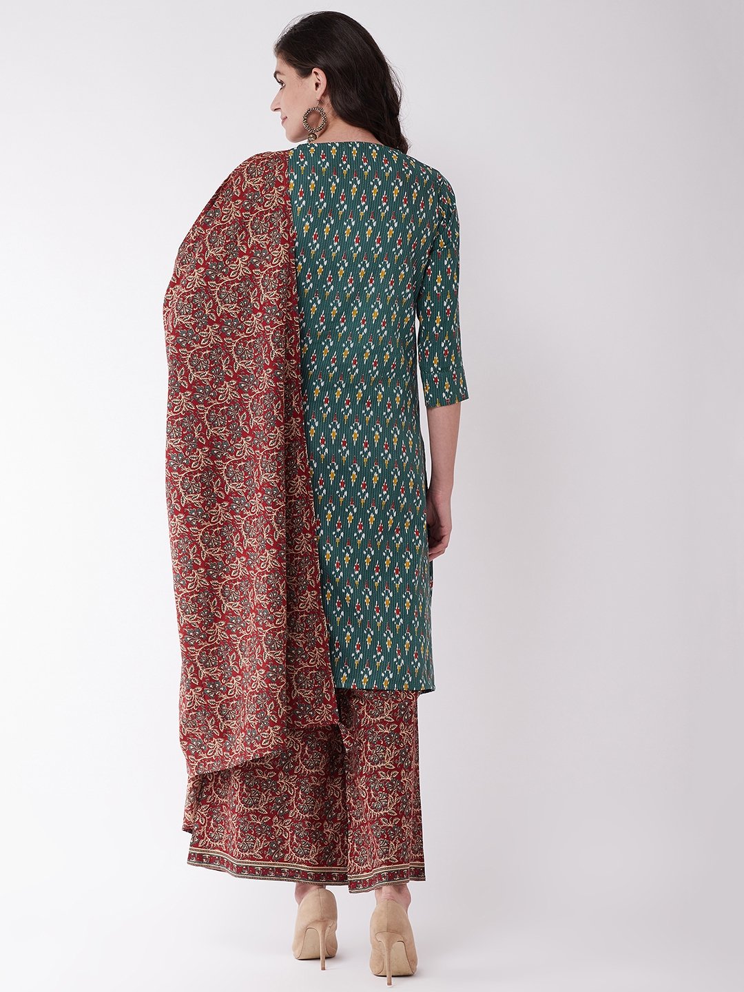 Green Kantha Ikkat And Maroon Kurta Set