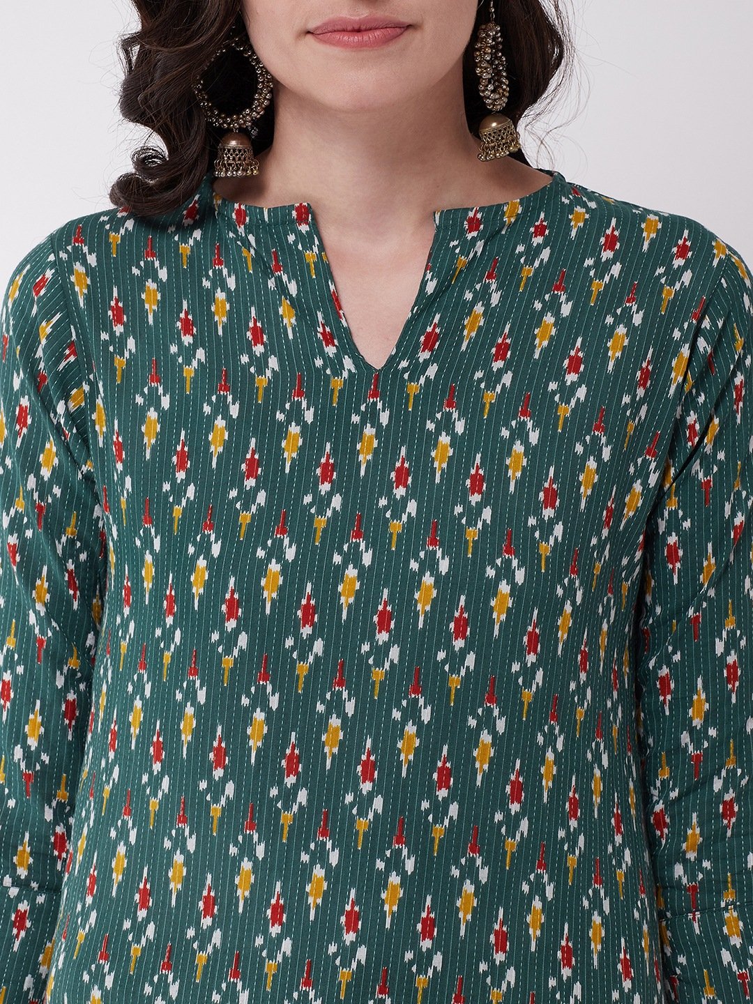 Green Kantha Ikkat And Maroon Kurta Set