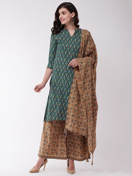 Green Kantha Ikkat And Brown Kurta Set
